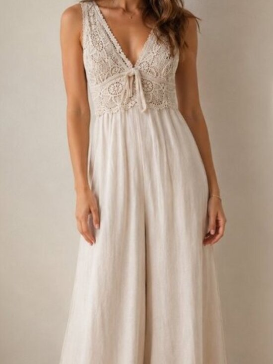 Shasa Pants - 🆕Shasta Linen Lace Bodice Wide-Leg Cream Jumpsuit